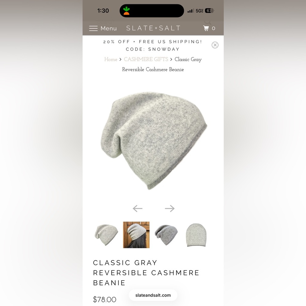 NWT Slate + Salt Classic Gray Reversible Cashmere Beanie